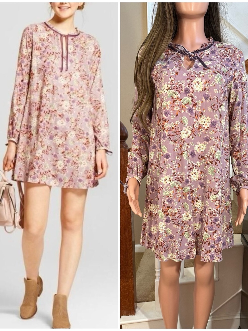 Lavender Floral Tie-Neck babydoll shift Dress